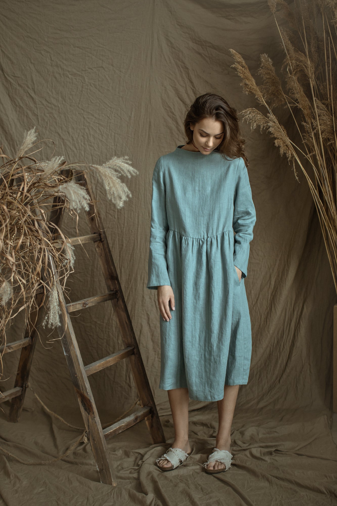 Linen Loose Dress DOMINIKA with High Neck