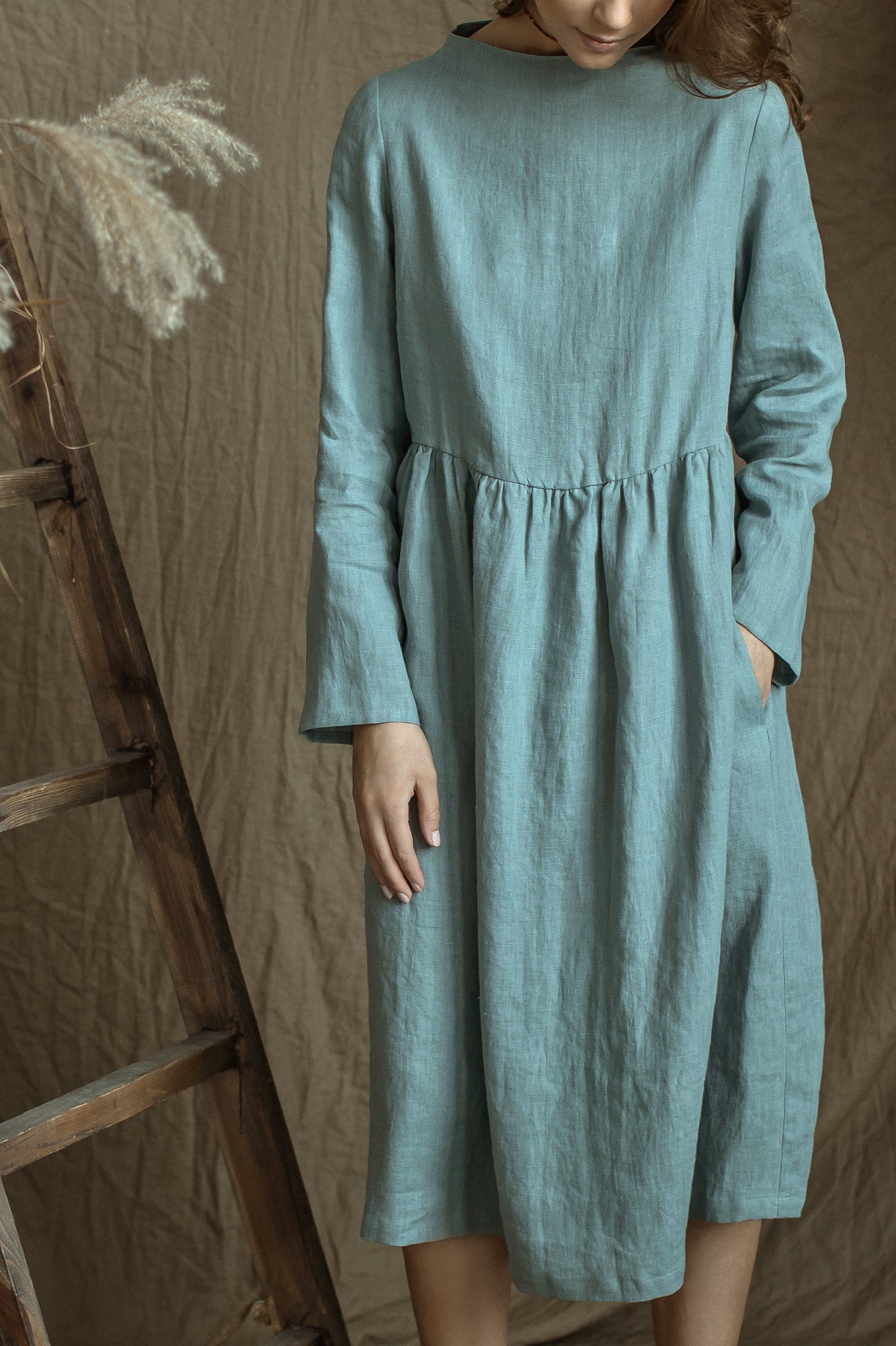 Linen Loose Dress DOMINIKA with High Neck