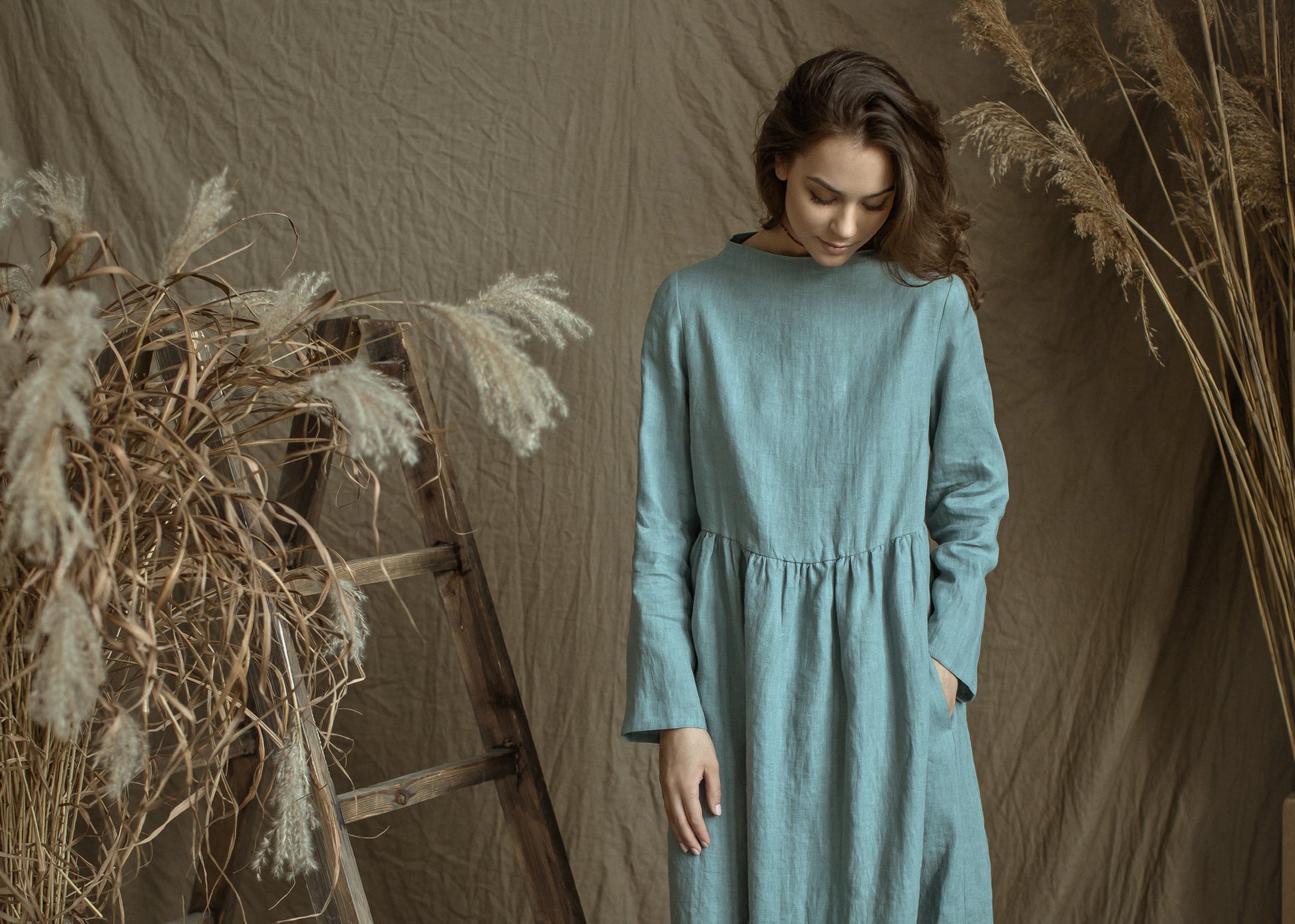 Linen Loose Dress DOMINIKA with High Neck