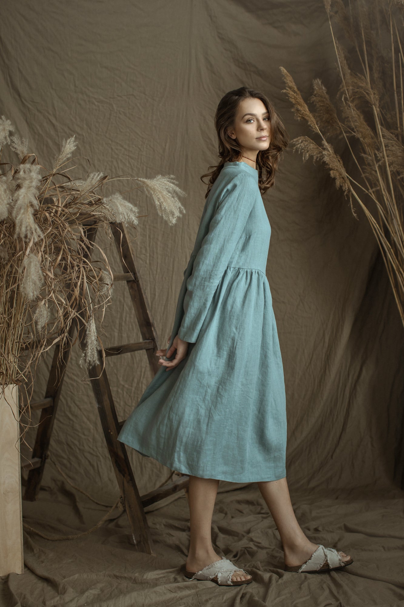 Linen Loose Dress DOMINIKA with High Neck