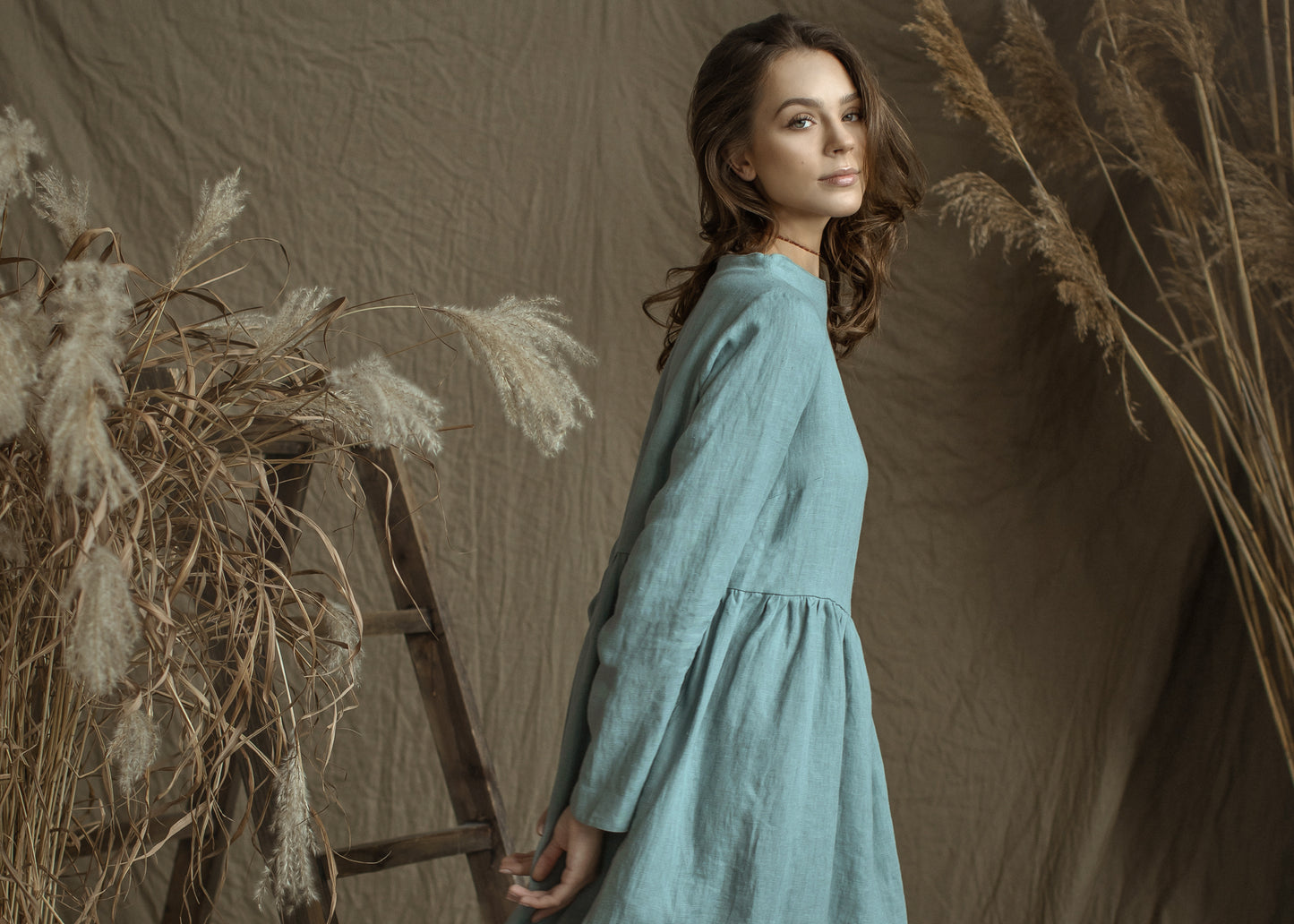 Linen Loose Dress DOMINIKA with High Neck