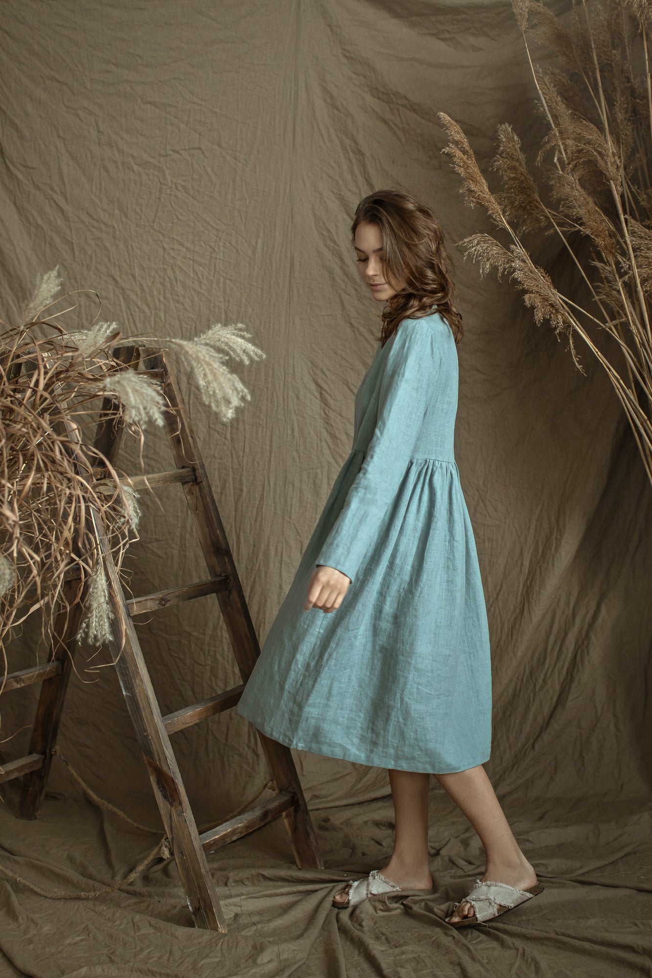 Linen Loose Dress DOMINIKA with High Neck