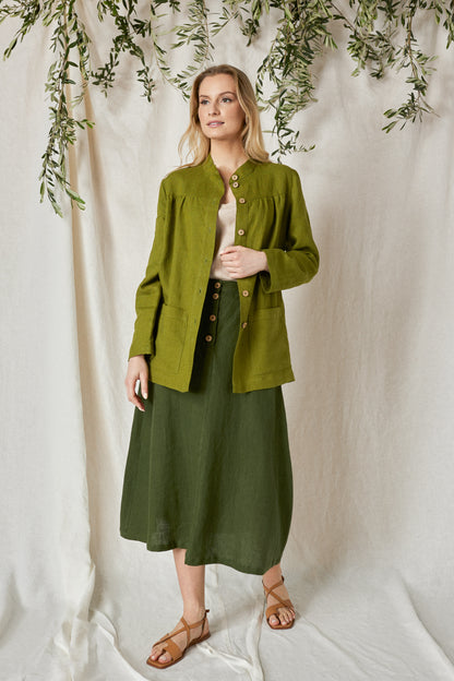 Linen Green Long Safari Overcoat LIBERTY with Big Pockets and Yokes