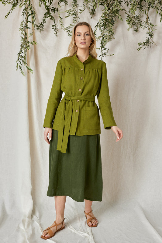 Linen Green Safari Style Jacket LIBERTY iFront with Yokes and Belt