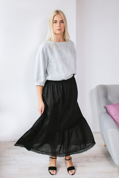 Linen Long Underskirt SANDRA with Bottom Frill and Lace