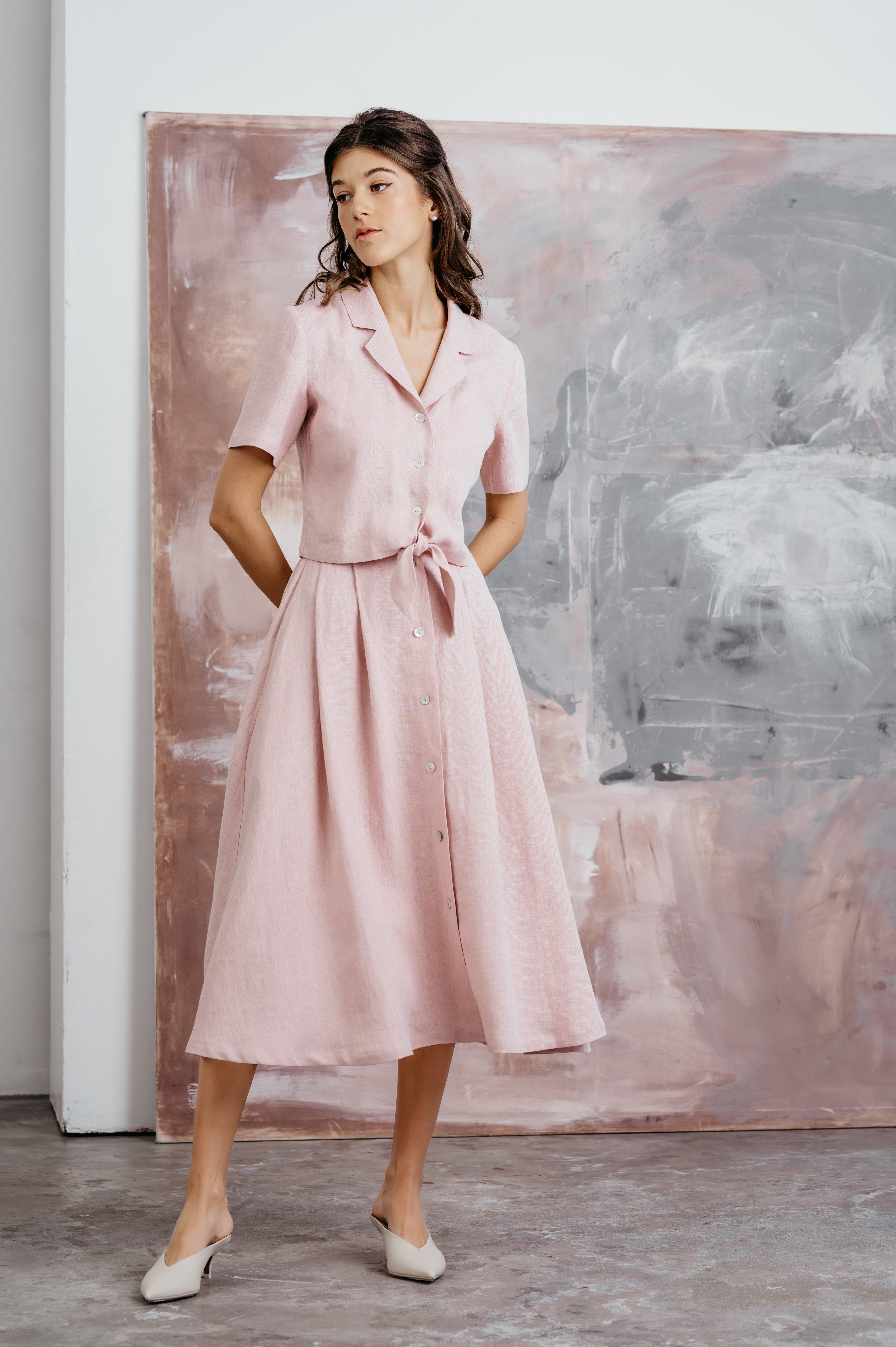 Vintage Look Linen Romantic Suit PALOMA/ A-line Midi Skirt and