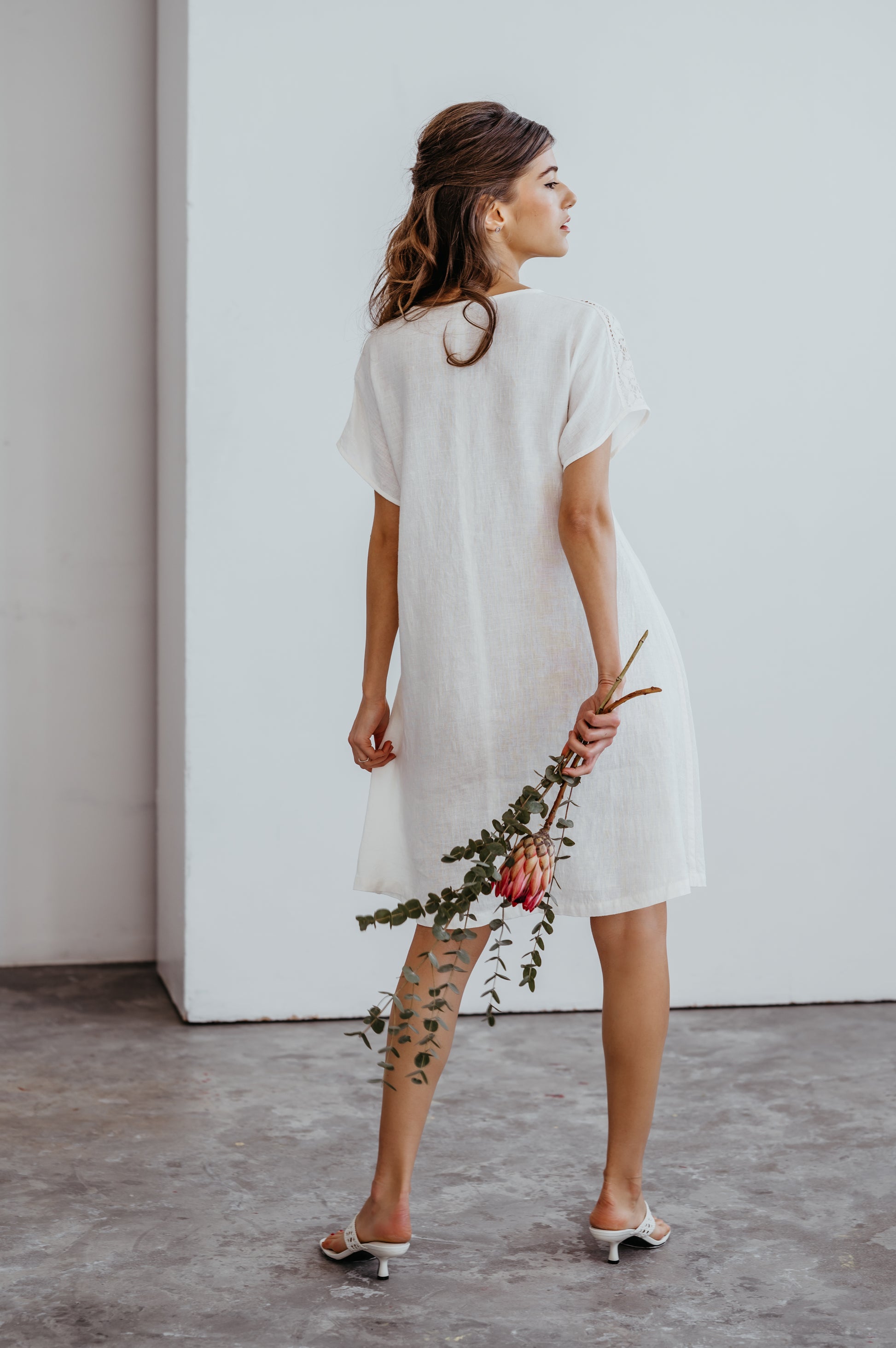 Linen White Knee Length Dress AMELIA With Linen Lace