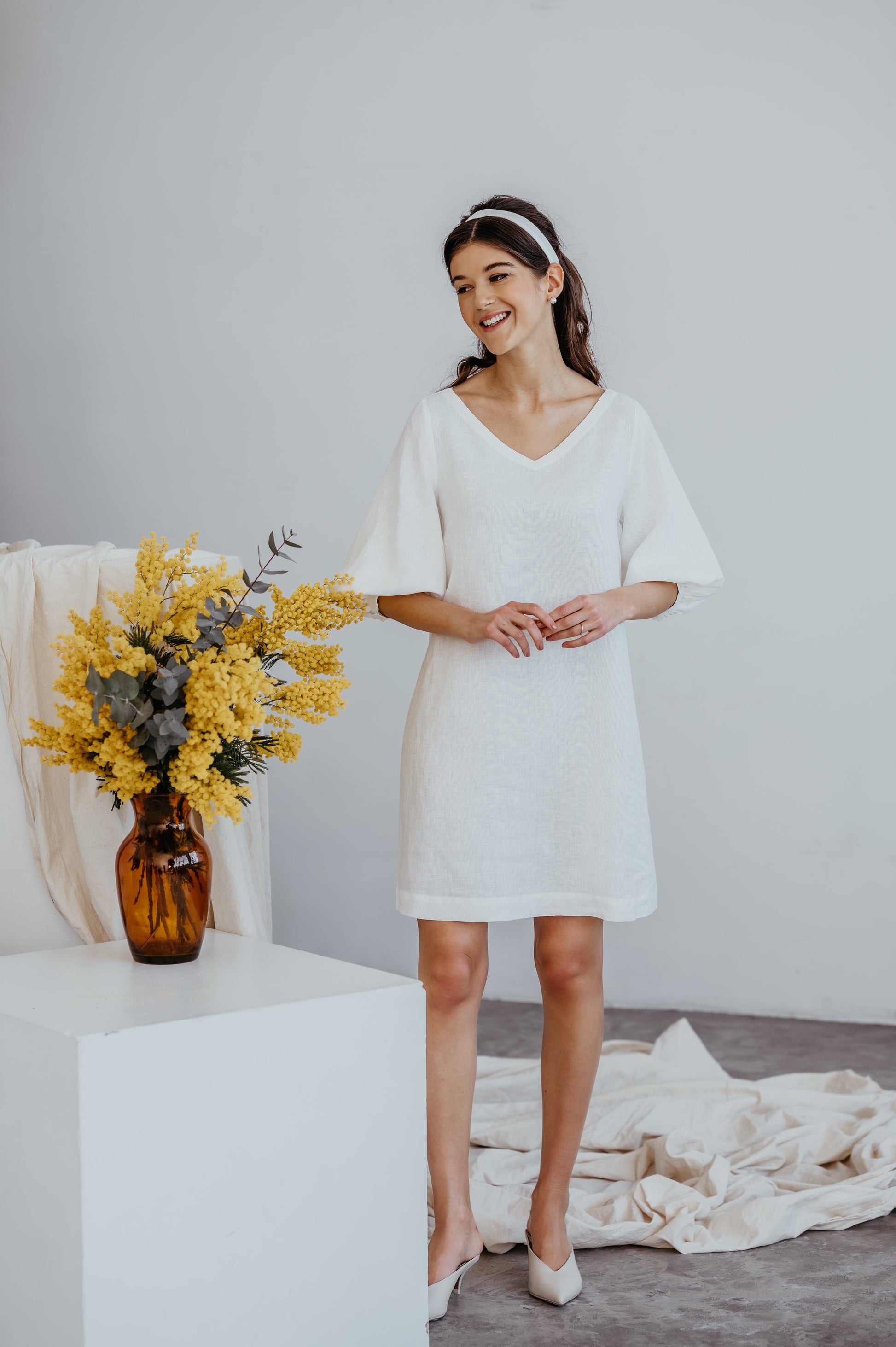 white linen party dress White Linen Dress, White Dress Women, Short Sleeve Linen Midi Dress, Women Dress, Summer Dress, off White Dress, Boat Neck Party Dress 2338#