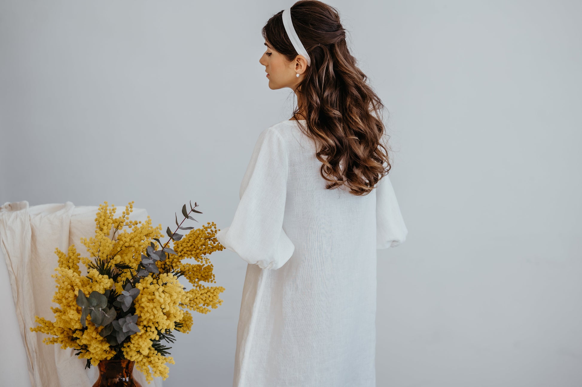 Linen White Dress Paris with Puffed Sleeves Linen White Dress Paris with Puffed Sleeves