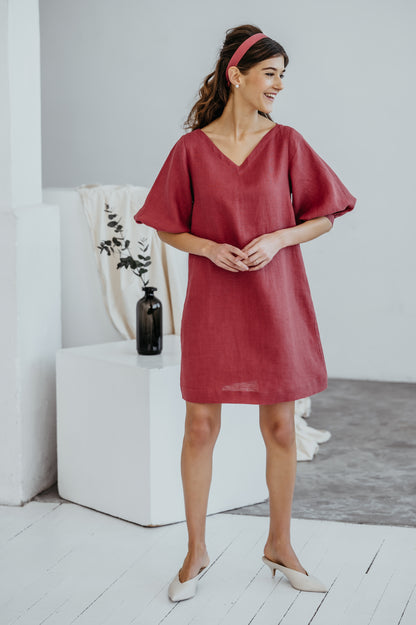 Linen Party Dress with Puffed Sleeves in Red