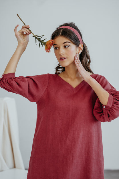 Linen Party Dress with Puffed Sleeves in Red