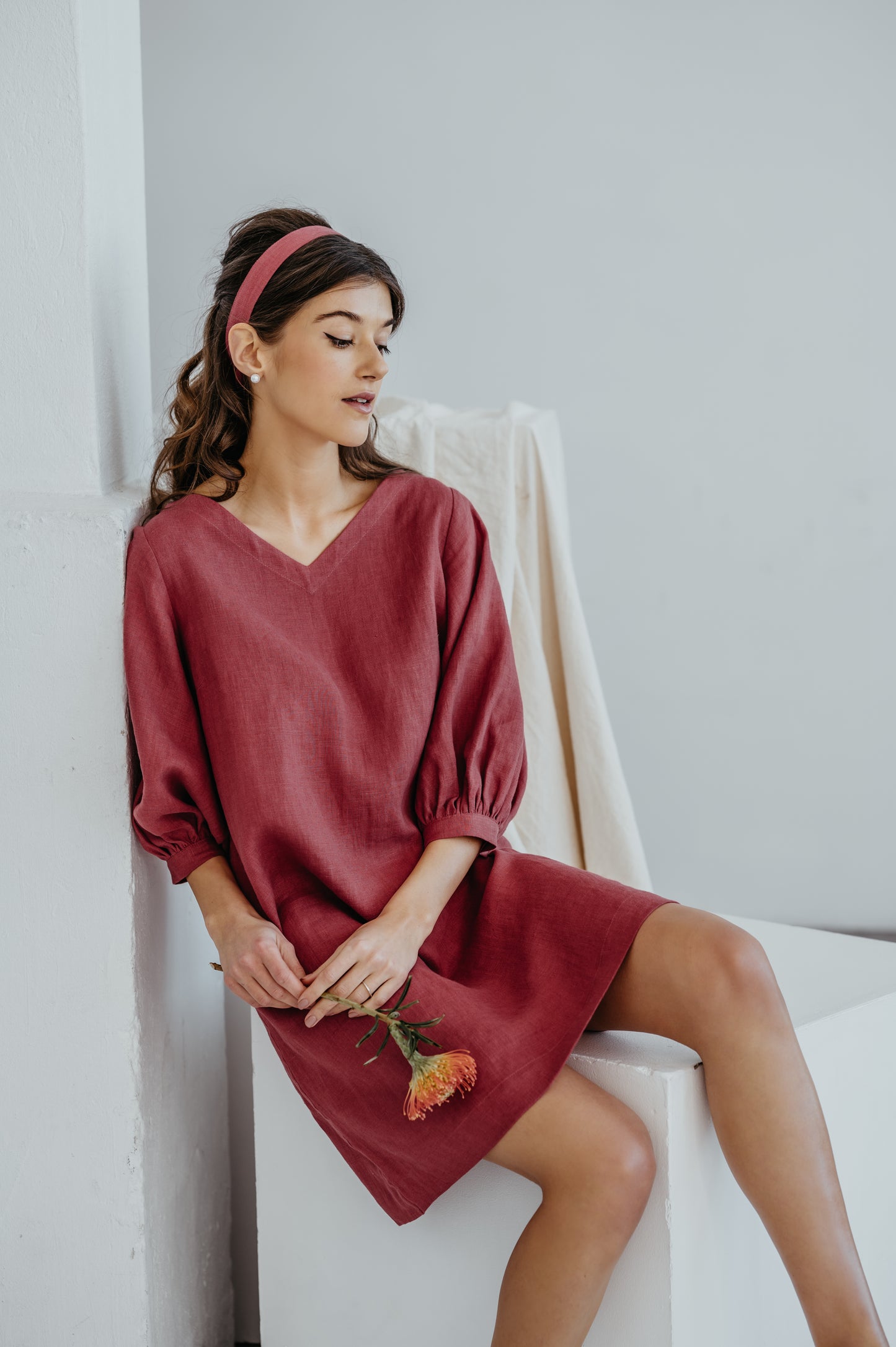 Linen Party Dress with Puffed Sleeves in Red