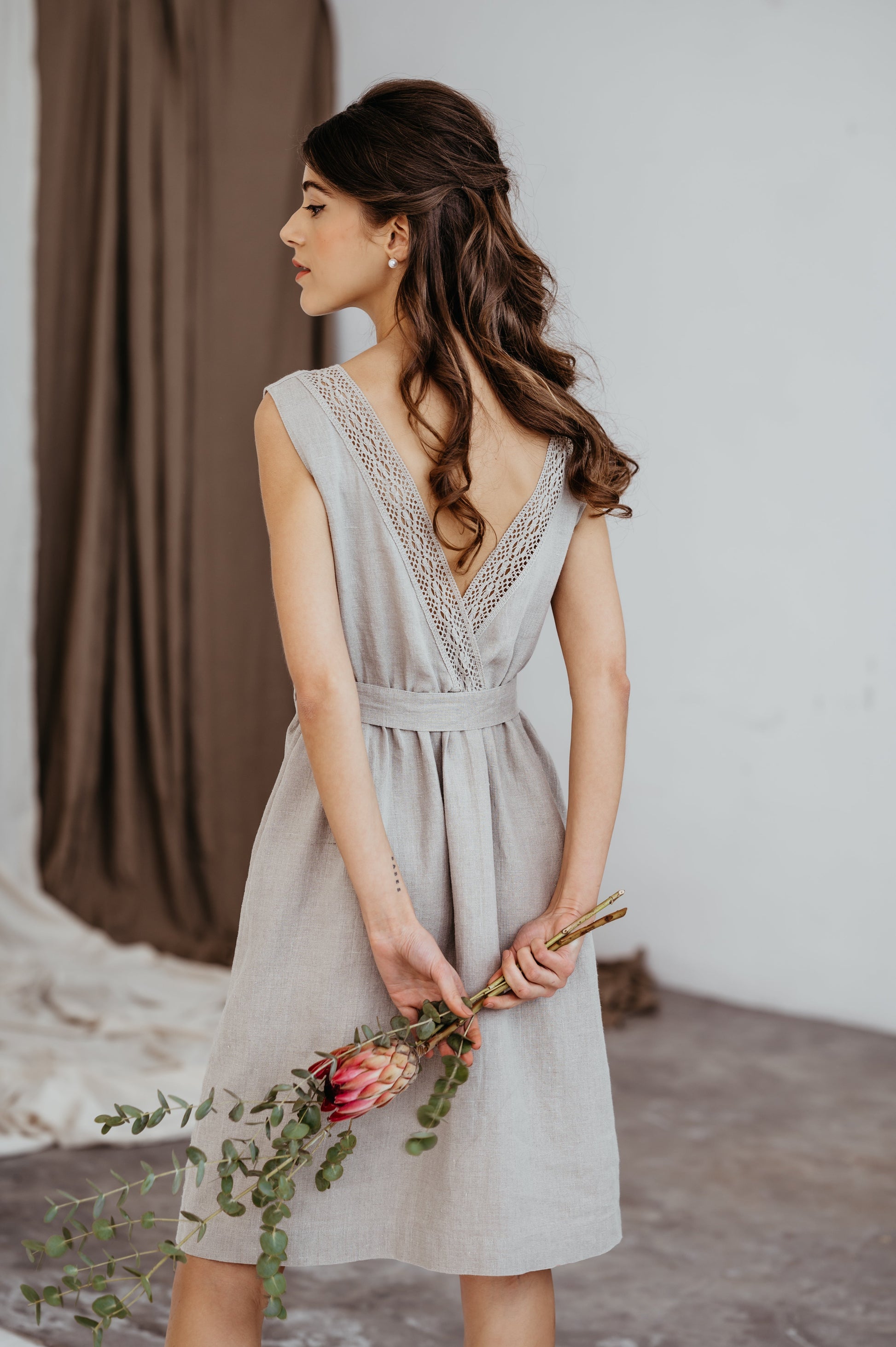 Blue Linen Midi Dress MILA with Open Lace Back Blue Linen Midi Dress MILA with Open Lace Back