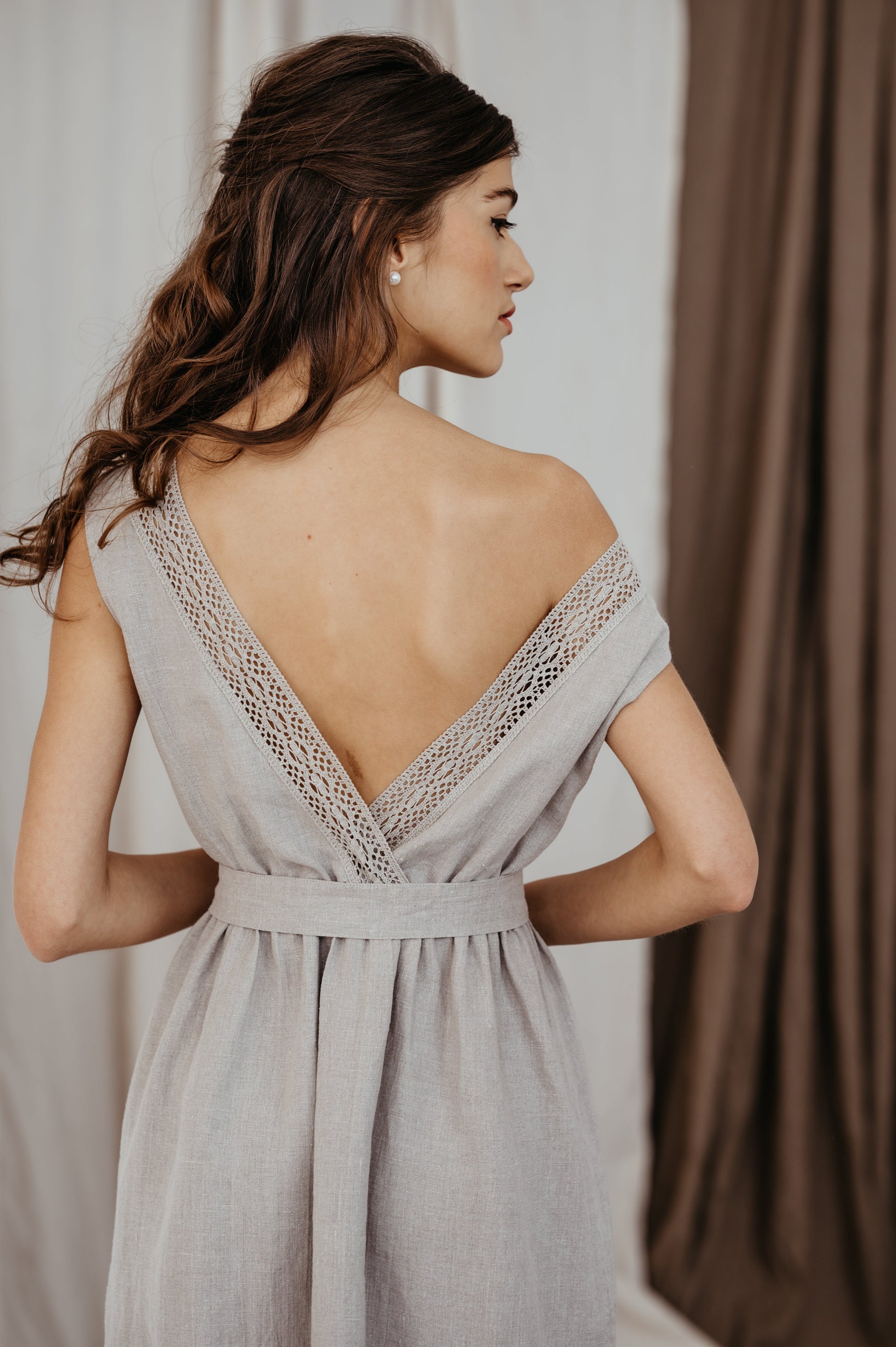 Blue Linen Midi Dress MILA with Open Lace Back XL / Dark navy Blue Linen Midi Dress MILA with Open Lace Back XL / Dark navy