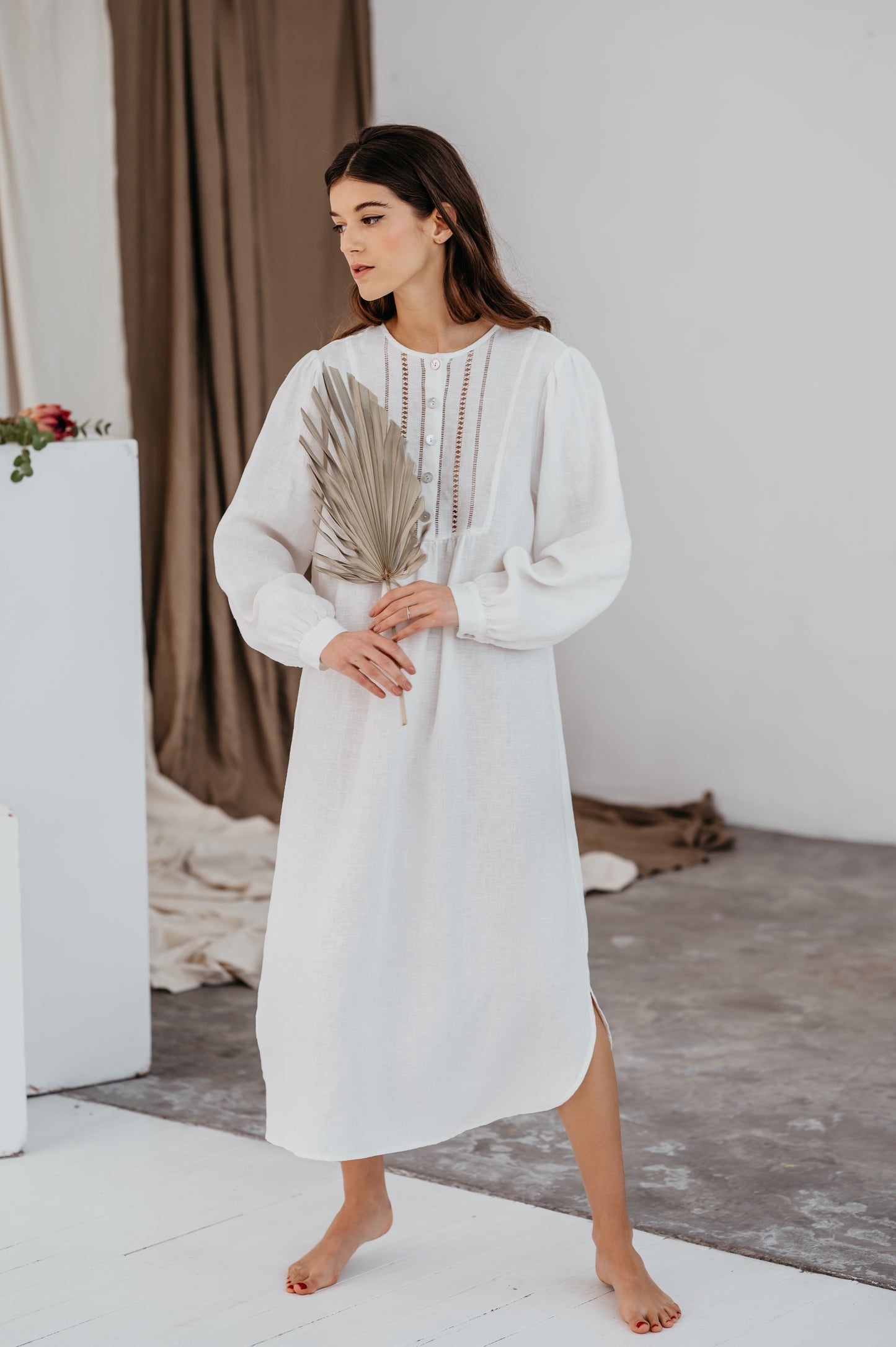 Linen Gown MARIA with Drawnwork on Front