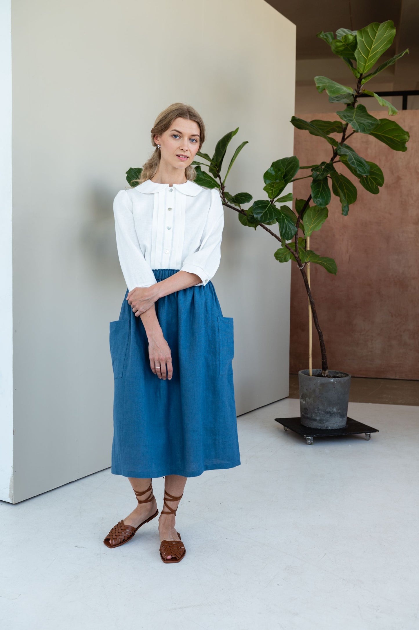 Linen Blouse with Peter Pan Collar in White