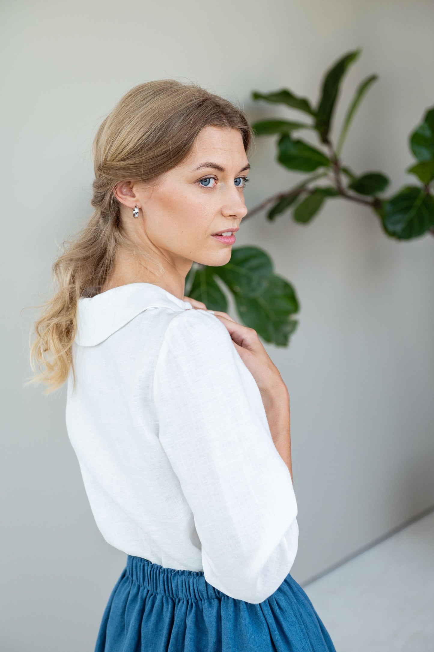 Linen Blouse with Peter Pan Collar in White