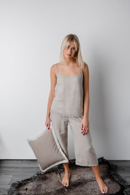 Linen Cropped Pajama Pants ISABELLA with Wide Leg/ Linen Loungewear