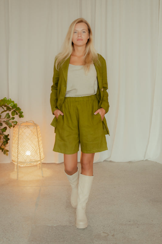 Linen Women's Suit Casual in Green/ High Waisted Shorts and Longer Blazer