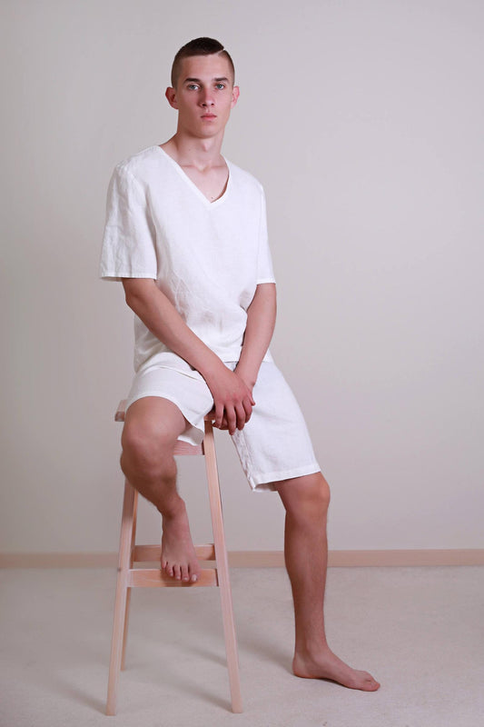 Linen White Summer Pajama for Men/ Shorts and Short Sleeve Top for Him