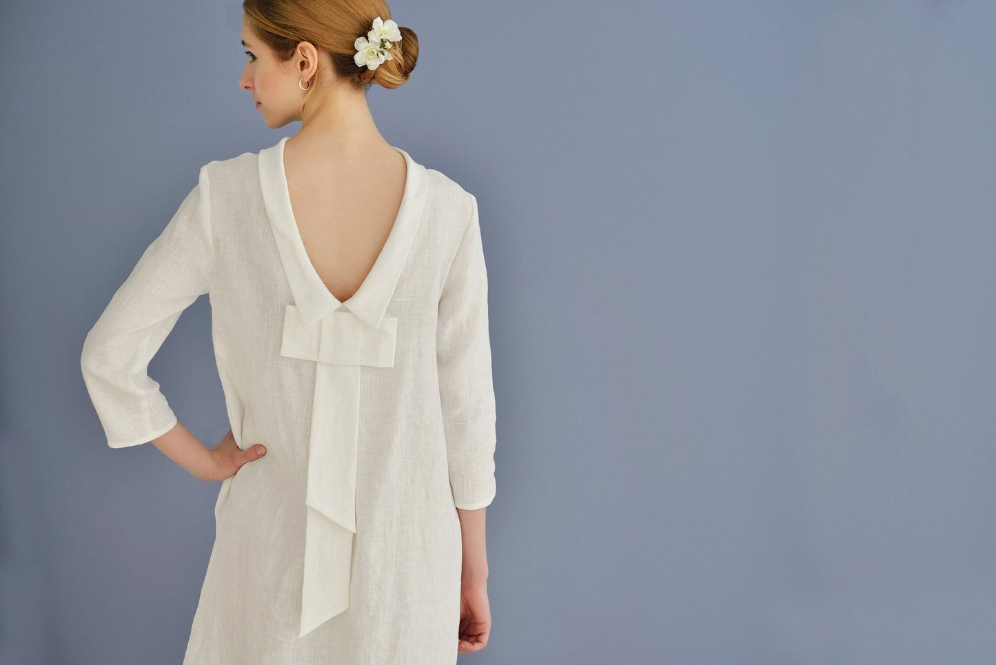 Linen Dress ALLEGRA With Open Back and Big Bow