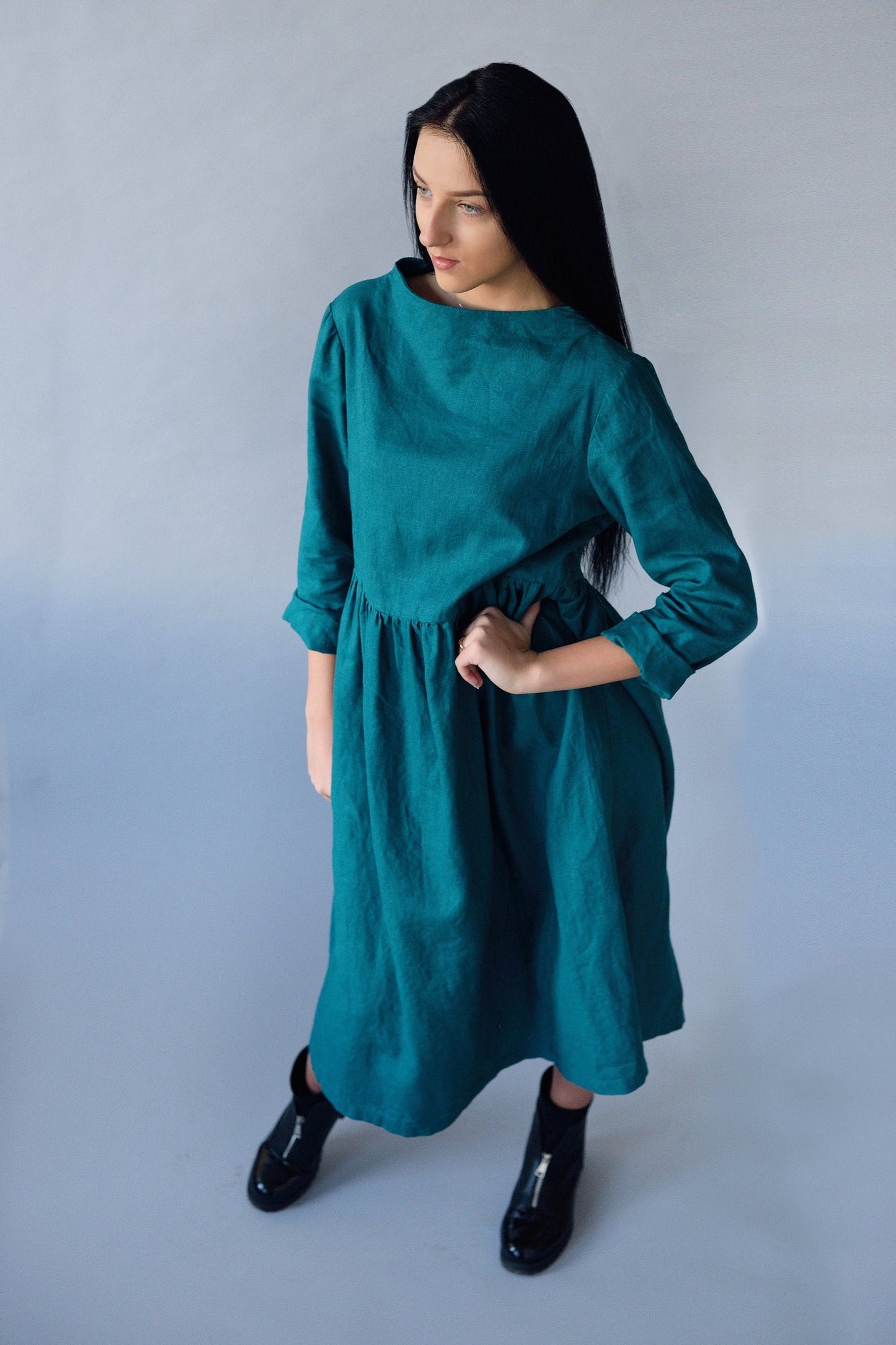 Linen Loose Dress DOMINIKA with High Neck