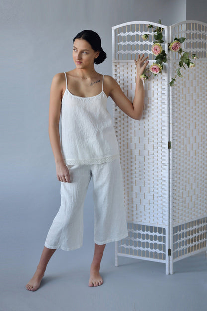 Linen Cropped Pajama Pants ISABELLA with Wide Leg/ Linen Loungewear
