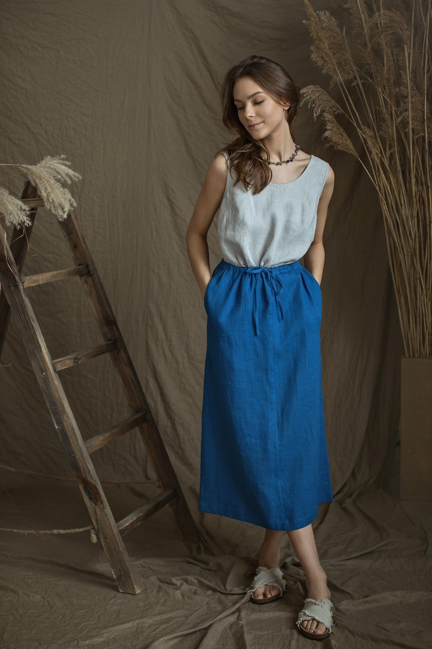 Linen Long Stright Skirt NORA with Back Split