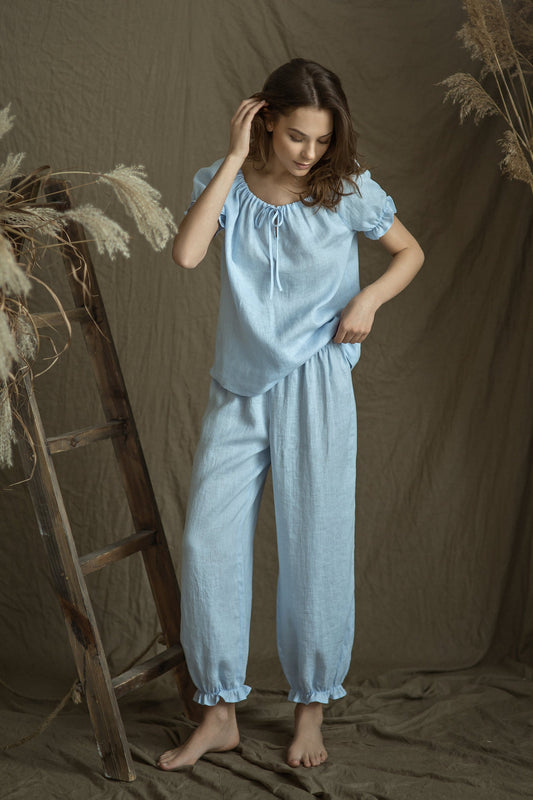 Linen Short Night Gown RIVER with Lace Straps