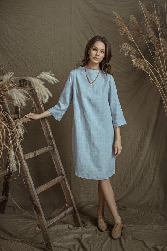 Linen Dress VERA with Higher Neck