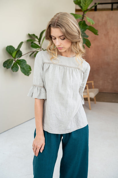 Linen Blouse Fashionable/ Flax Blouse With Frill Sleeves