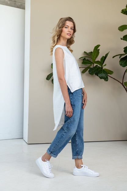 Linen White Top Grace Cropped Front and Longer Back