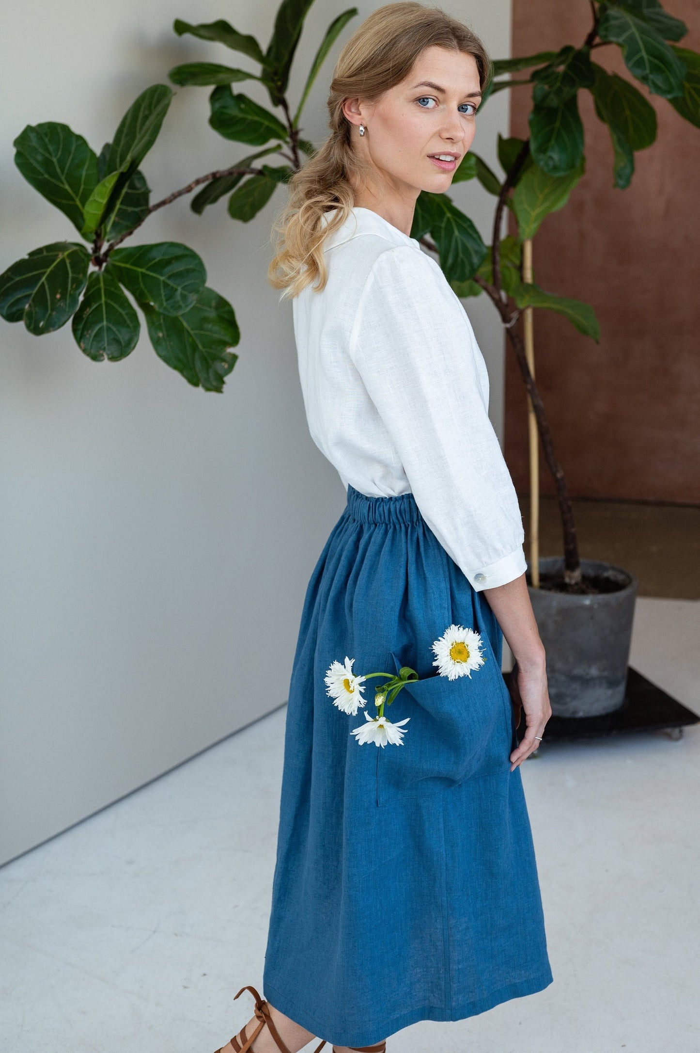 Linen Midi Skirt Melody with Big Pockets