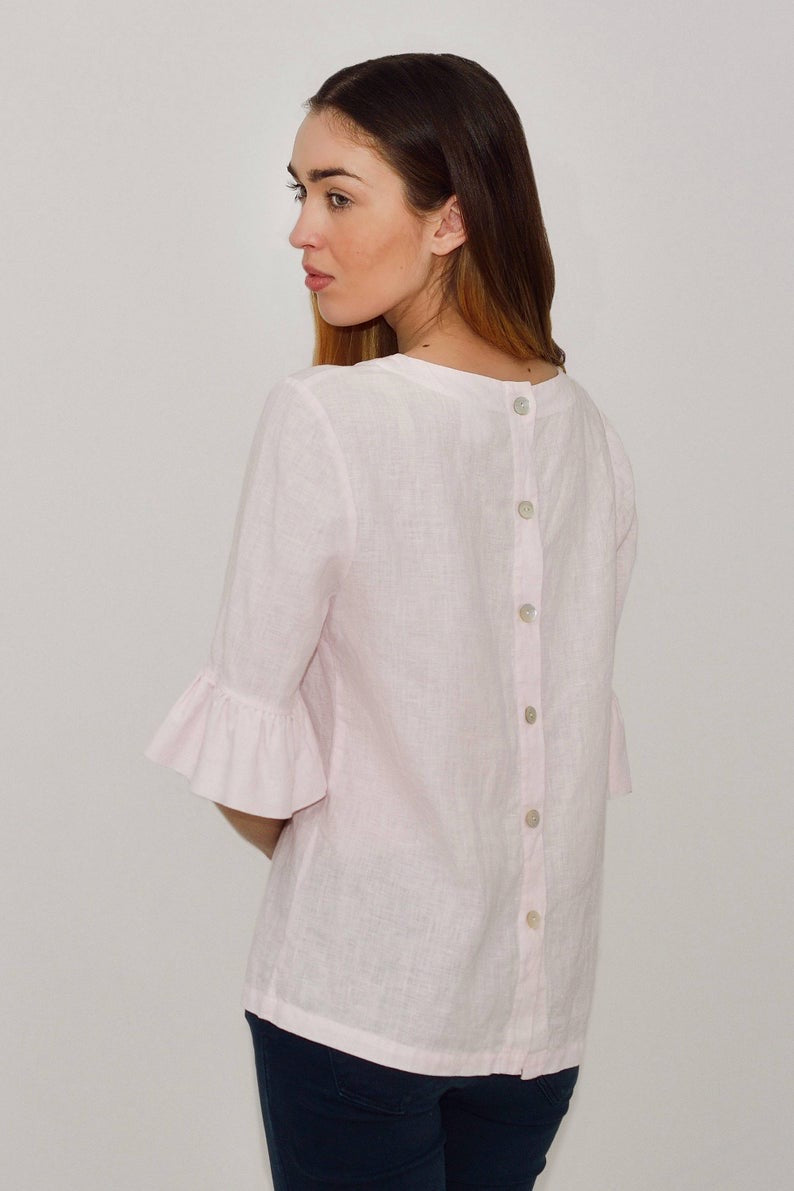 Linen Blouse DIANA With Frill Sleeves and With Fastening at Back