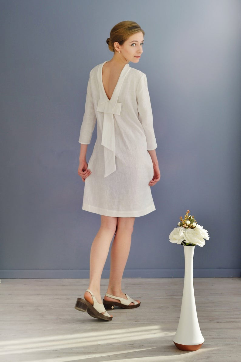 Linen Dress ALLEGRA With Open Back and Big Bow