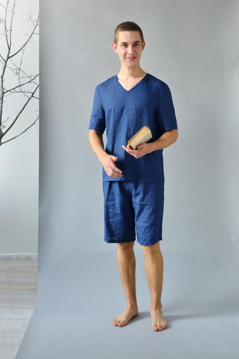Linen White Summer Pajama for Men/ Shorts and Short Sleeve Top for Him