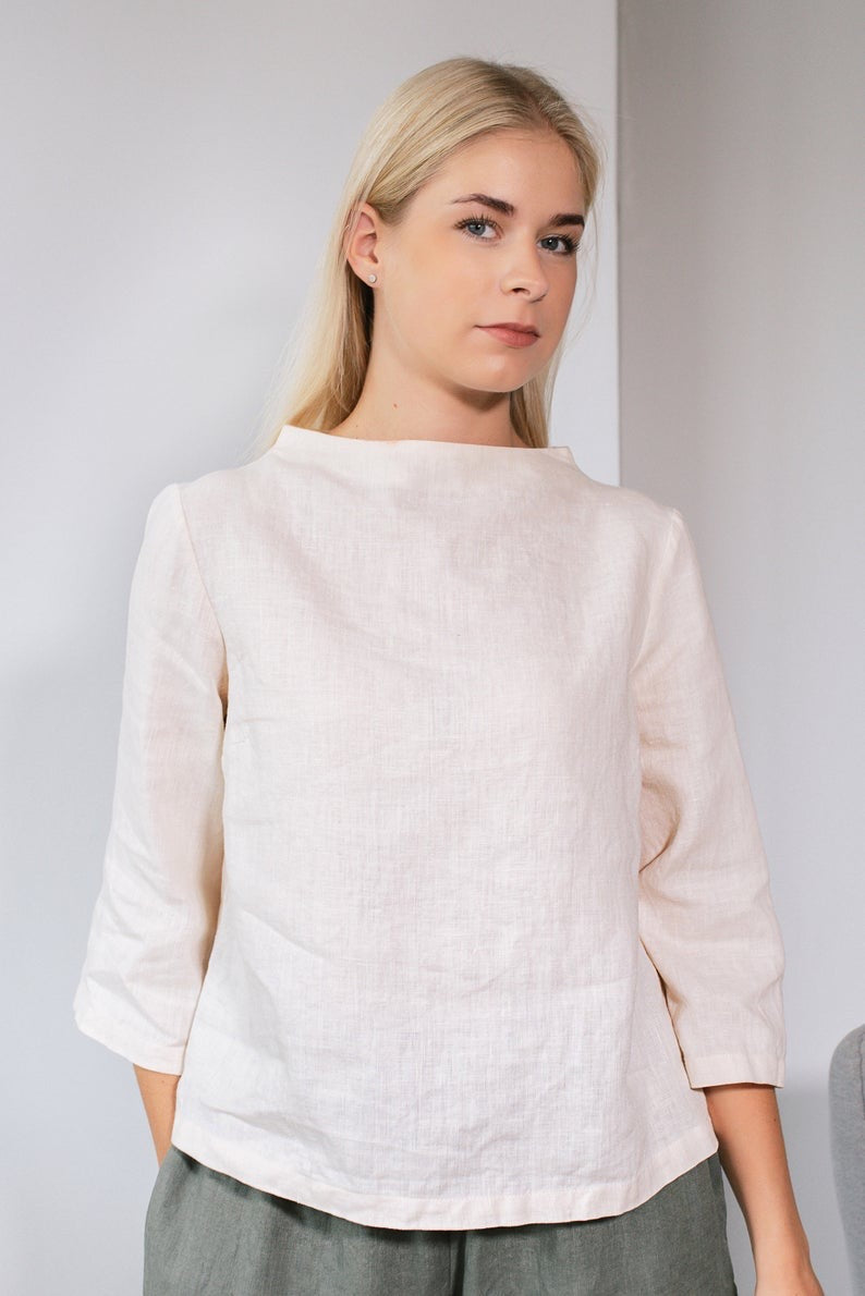 Linen Blouse AYA With High Neck