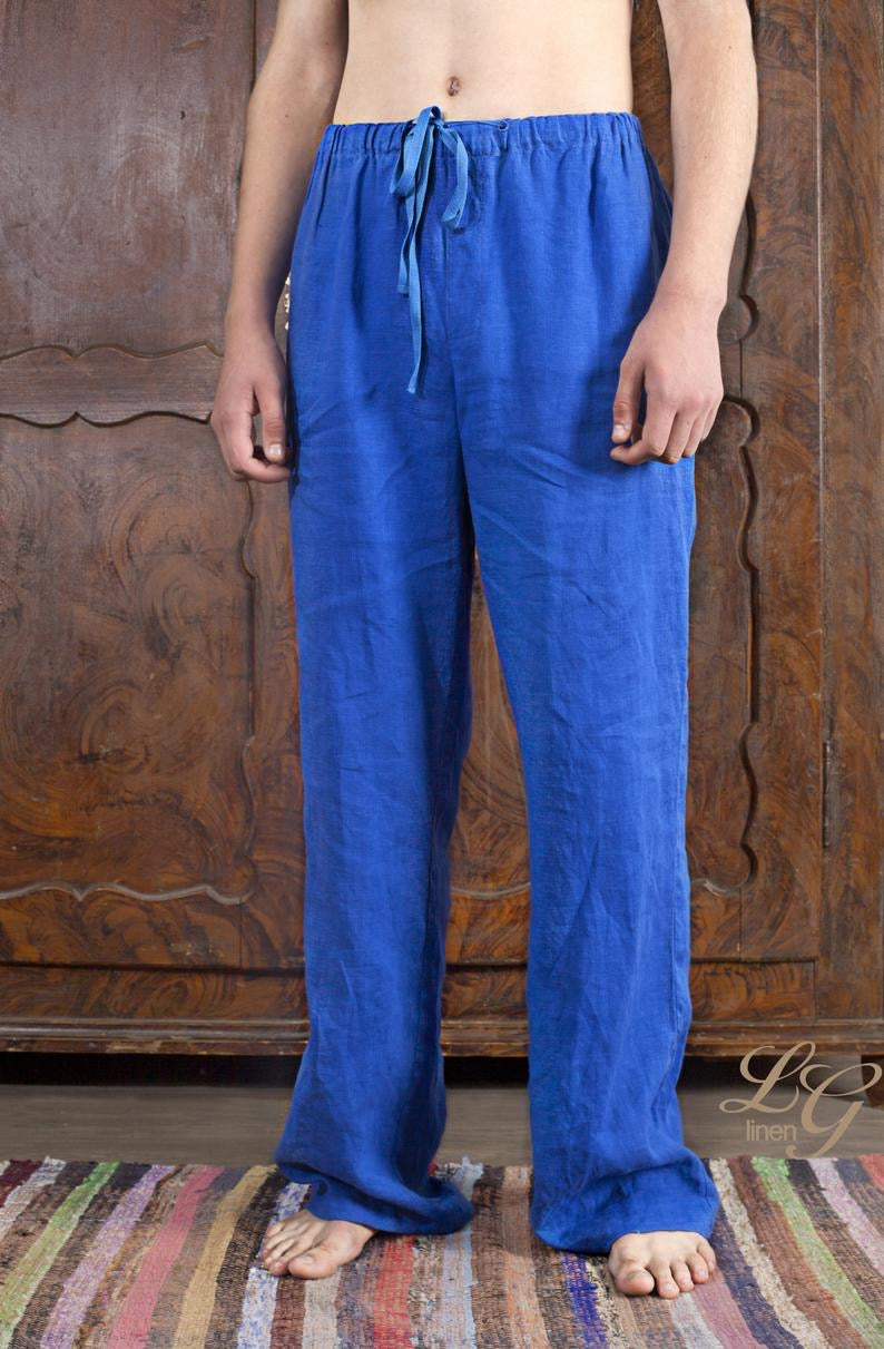Linen Men's Pajama Pants with Open Front Fly/ Linen Men's Loungewear