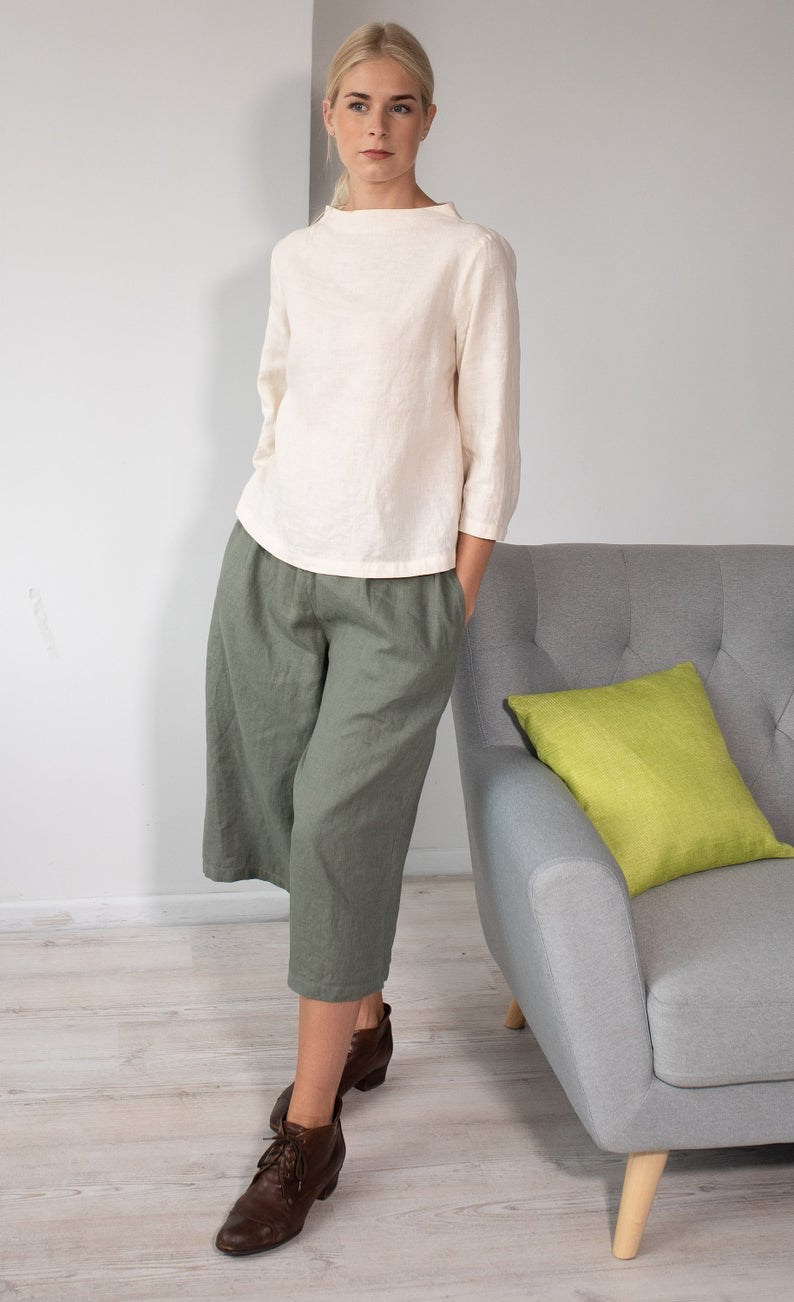 Linen Blouse AYA With High Neck