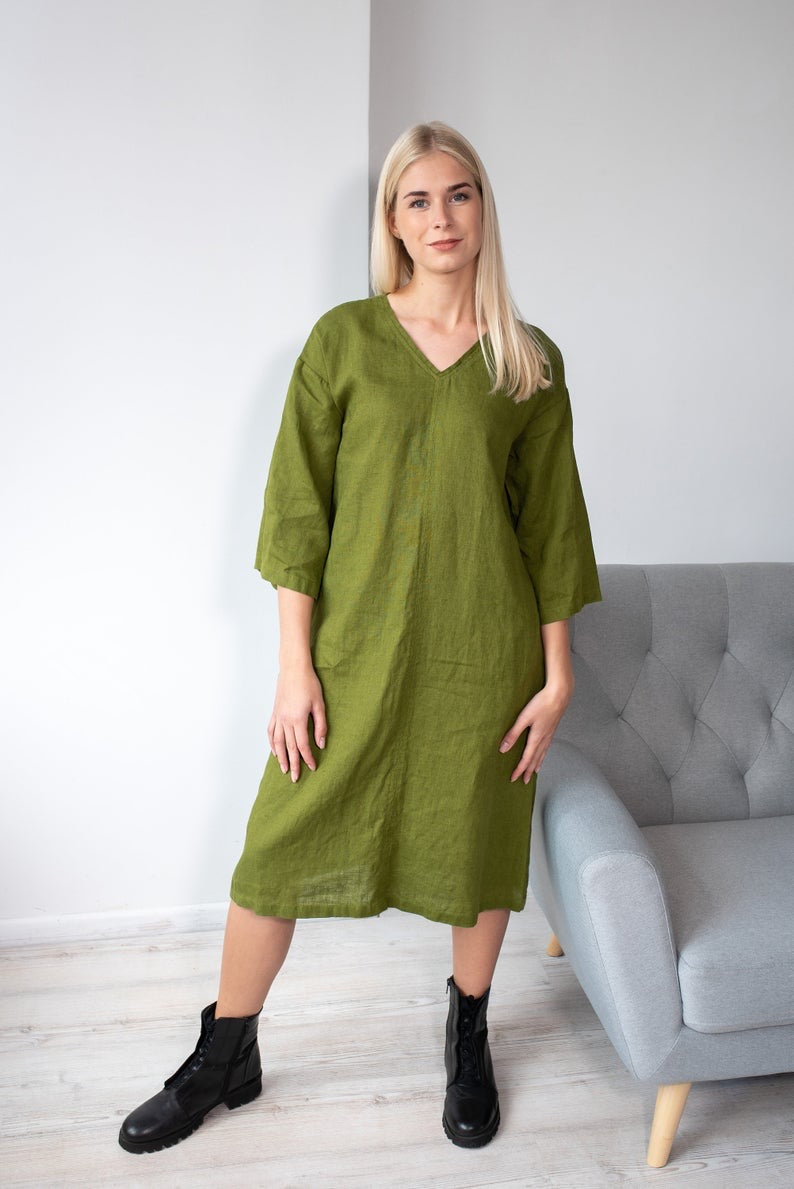 Linen Tunic Dress NERINGA in Moss Green