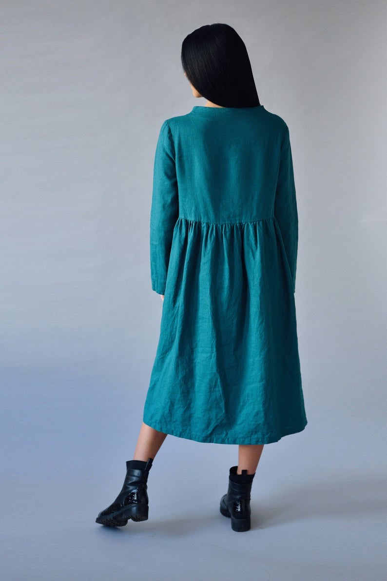 Linen Loose Dress DOMINIKA with High Neck