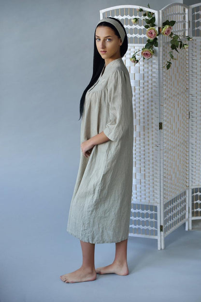 Linen Long Natural Gown DRAGONFLY with Handmade Embroidery