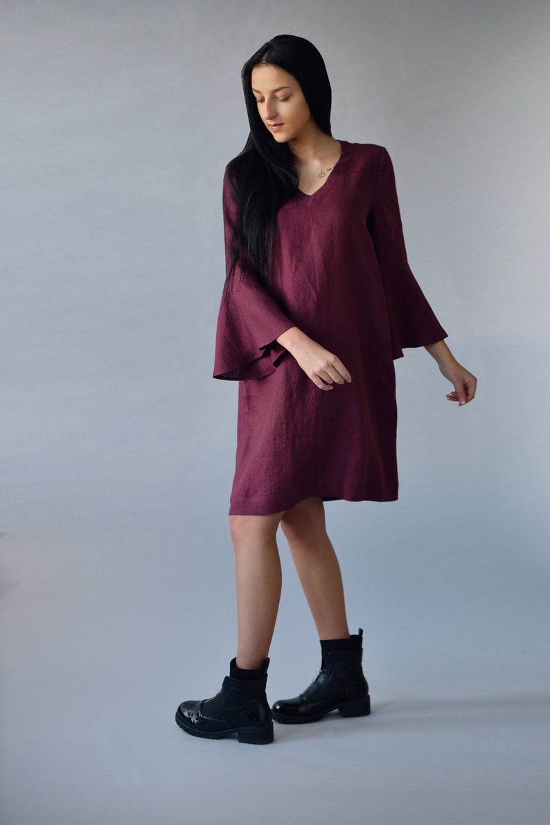 Linen Dress SYLVIA With Flared Sleeves