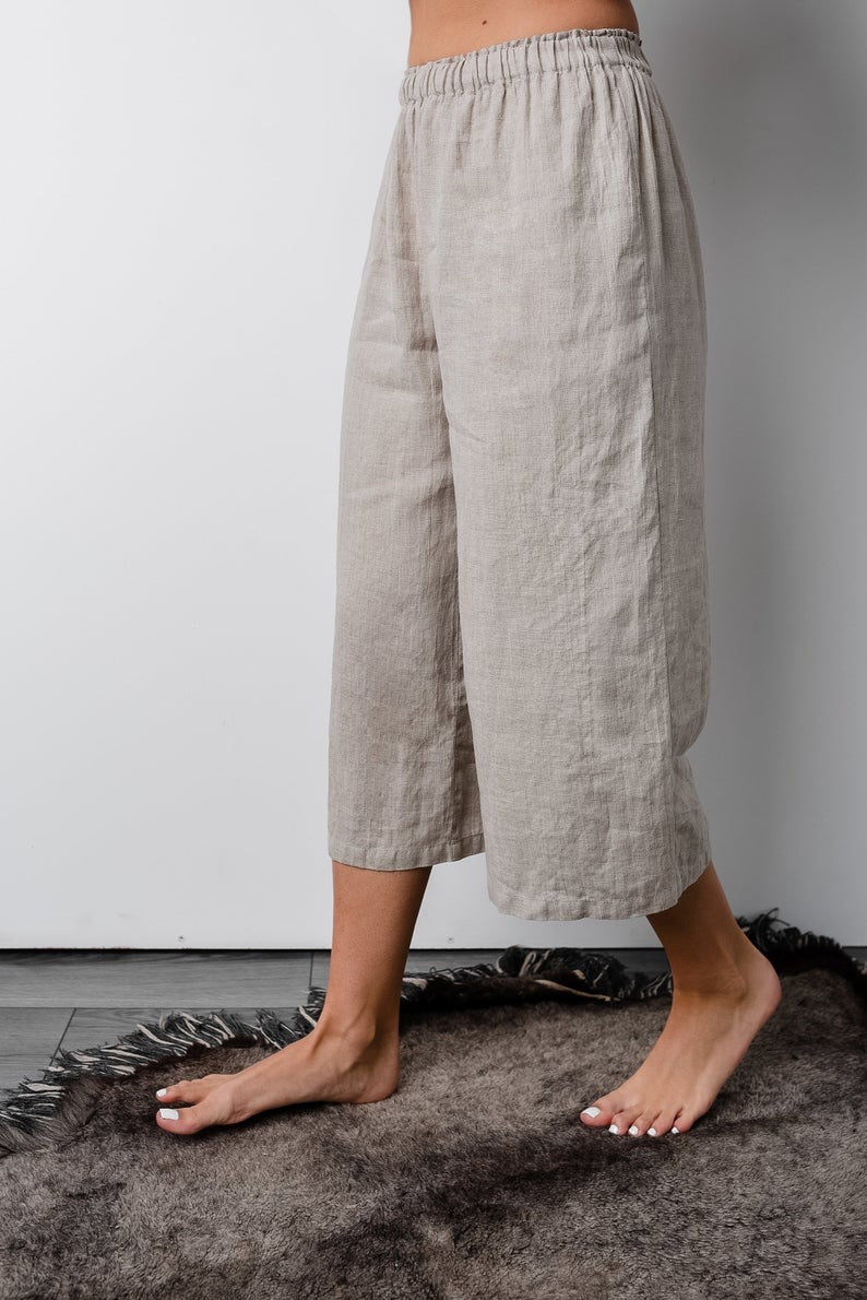 Linen Cropped Pajama Pants Womens/ Loose and Wide Pajama Trouser  Natural/linen Loungewear / Pyjama Bottoms ISABELLA 