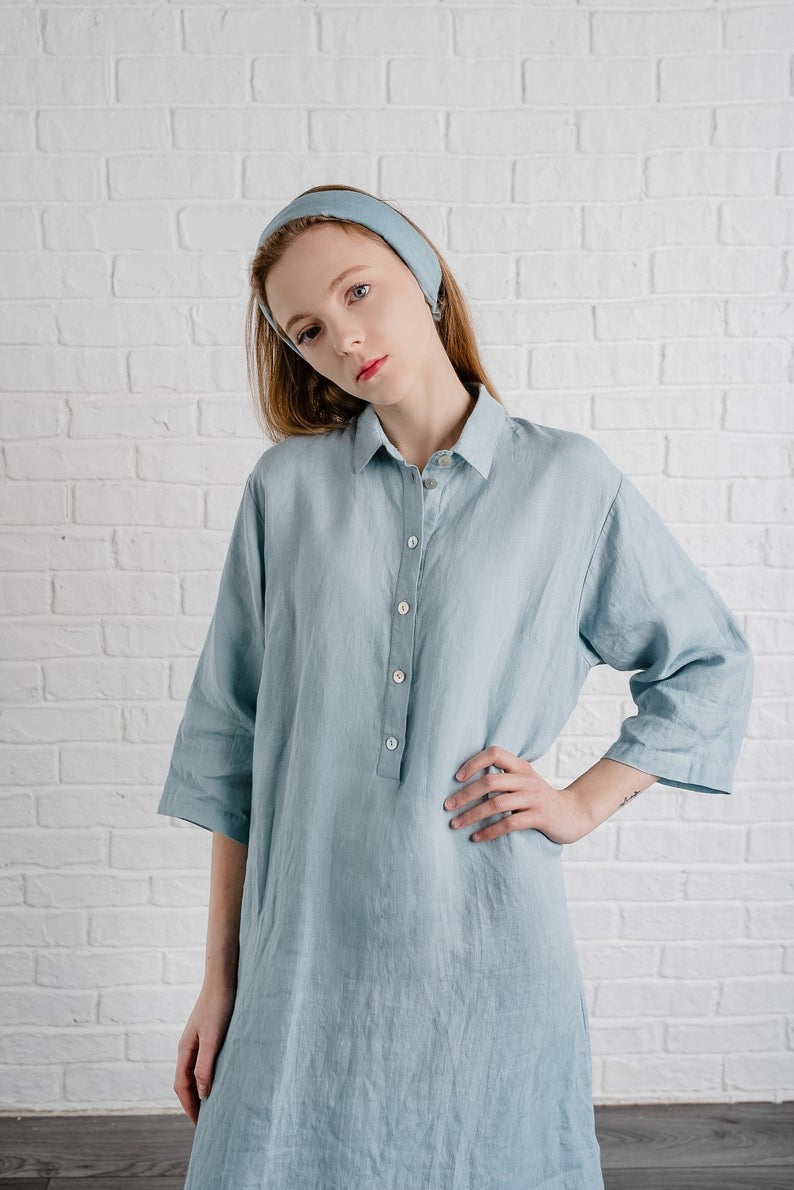 Linen Long Collared Night Shirt LORA for Women