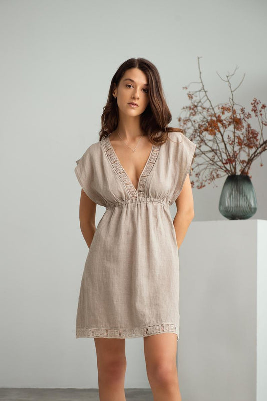 Linen Short Night Gown ANTIQUE Laced