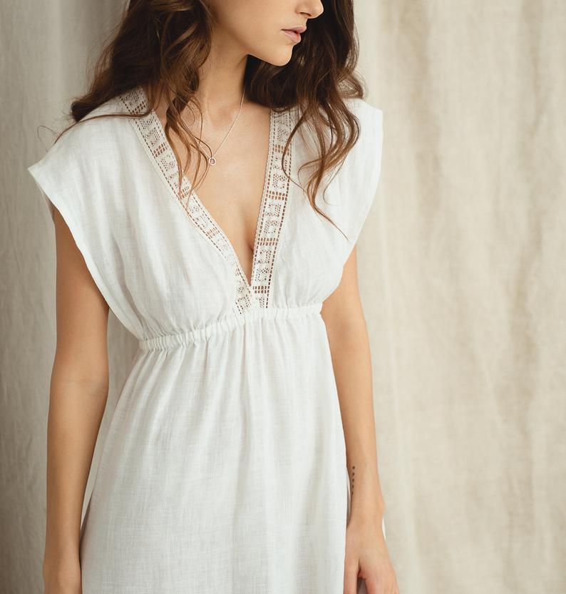 Linen Short Night Gown ANTIQUE Laced