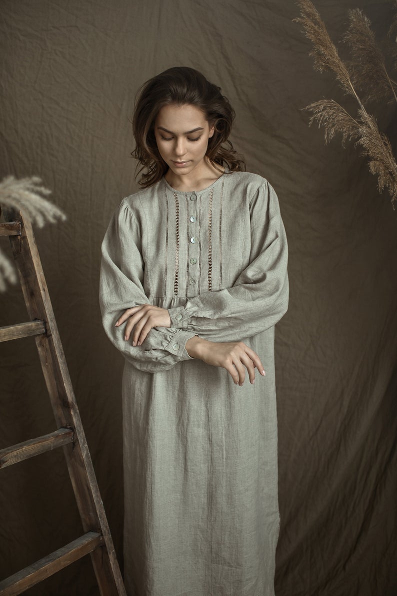 Linen Gown MARIA with Drawnwork on Front