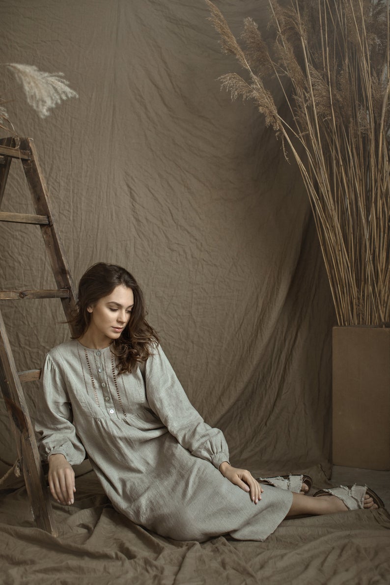 Linen Gown MARIA with Drawnwork on Front