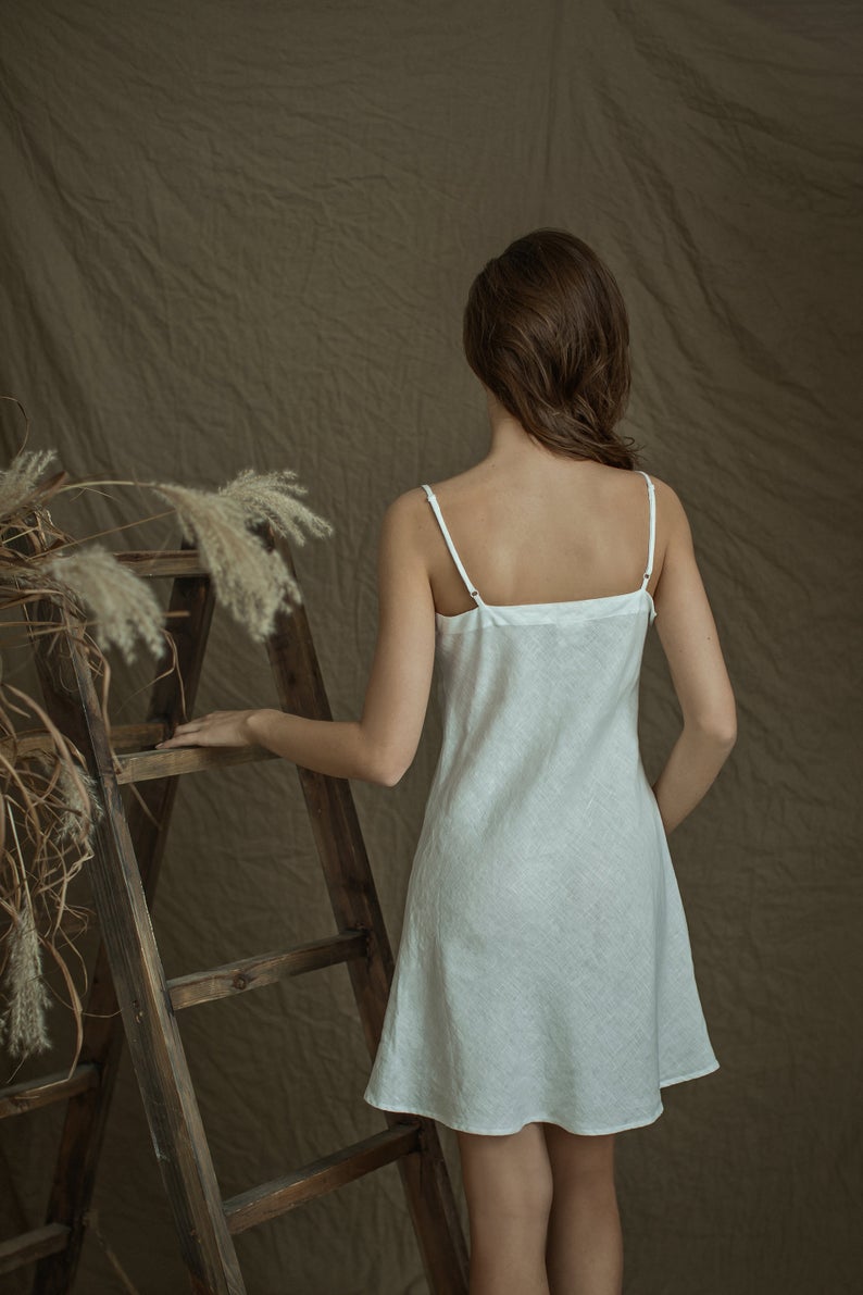 Linen White Short Night Gown ANELE with Straps